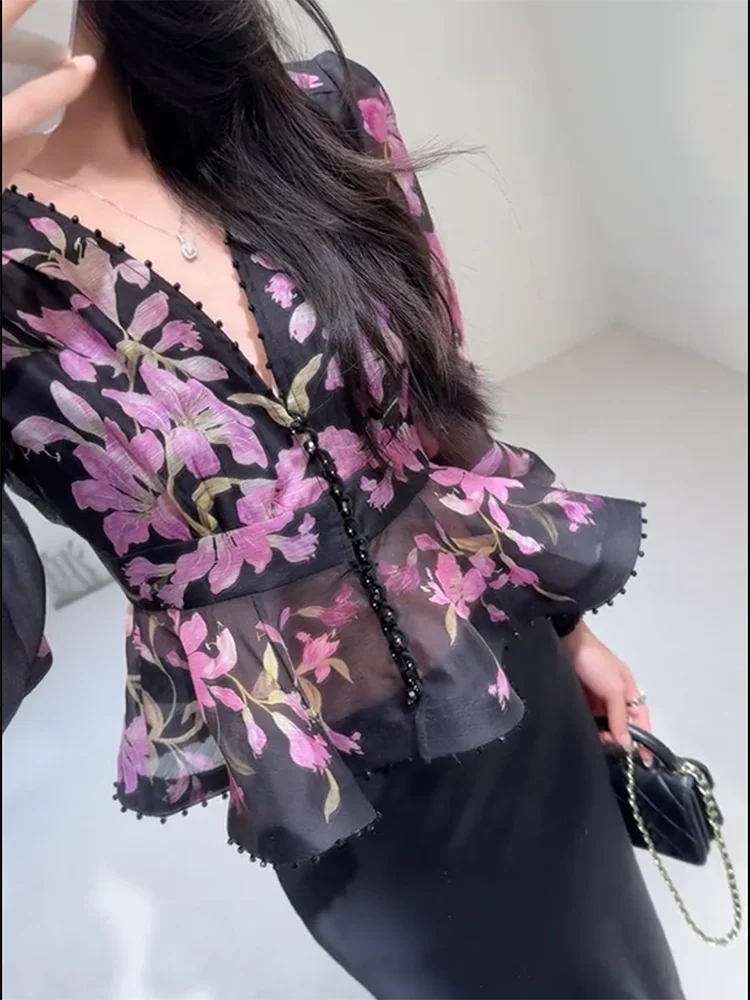 

Shirts & Blouses Print V-neck Shirt Women Fashion Slim Waist Ruffles Blouses 2025 Summer New Lantern Sleeve Blusas Mujer