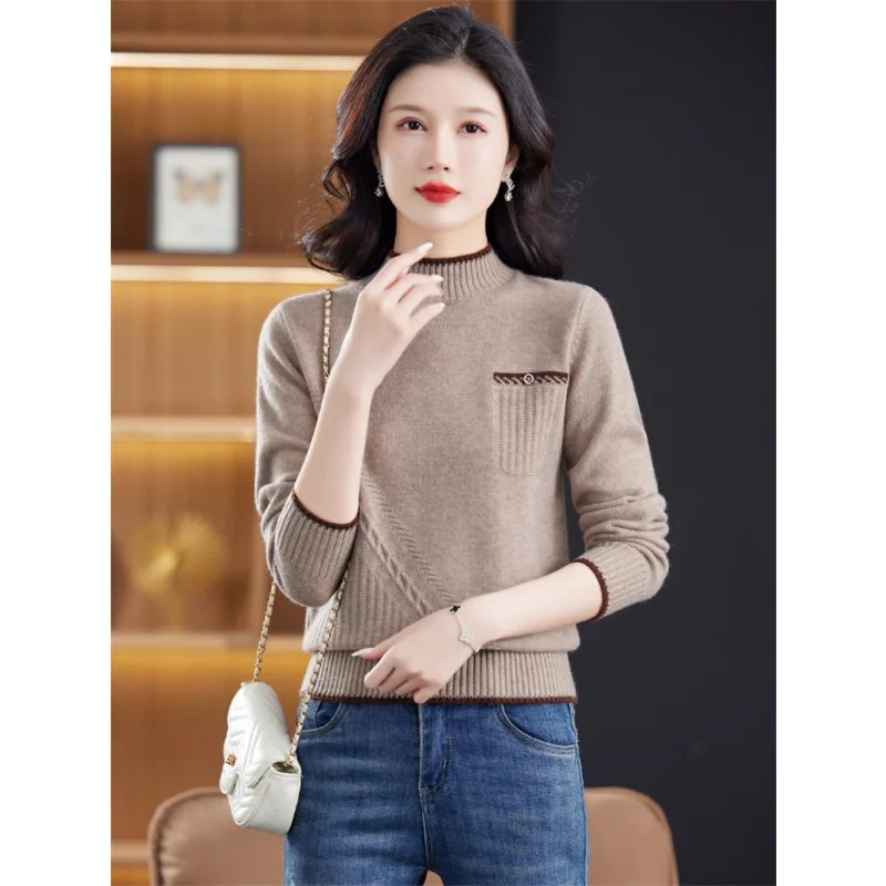 高級婦人ニットセーター ハーフハイカラー 長袖 クルーネック プルオーバー ベースレイヤーシャツ 広東省直販