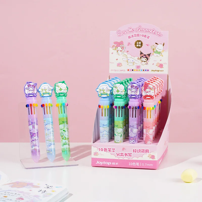 24pcs Sanrio Ten-color Press Ballpoint Pen Anime Cute Kurome Melody Student Diy Color Notebook Pen Stationery Marker Gift