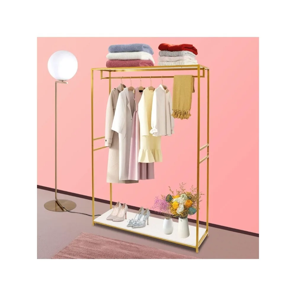 

Retail Gold Clothing Racks for Boutique with Wood Shelf Heavy Duty Commercial Garment Clothes Rack Standing Hanging Rack