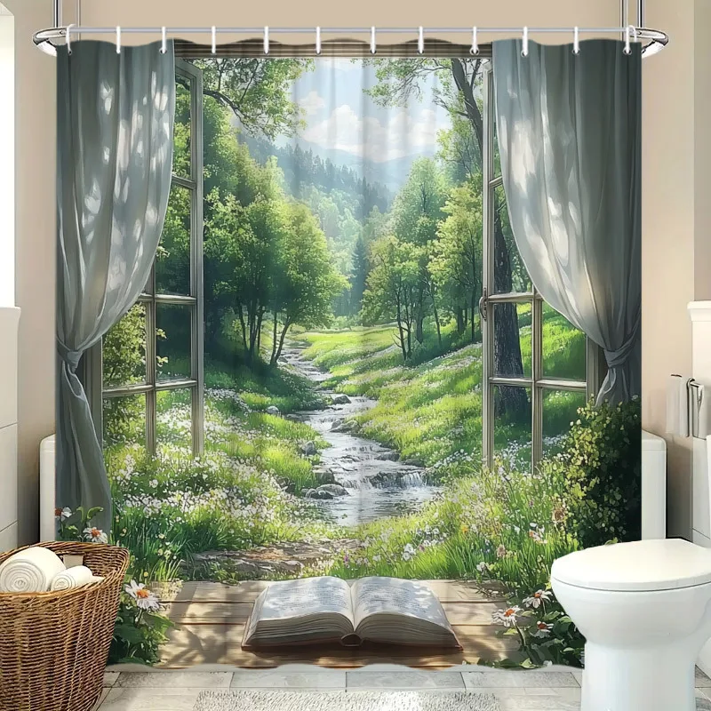 

1pc Forest Scenery Shower Curtain, Outdoor Scenery Books River Road Oil Painting Style Plants Flowers, Modern Nature Scenery