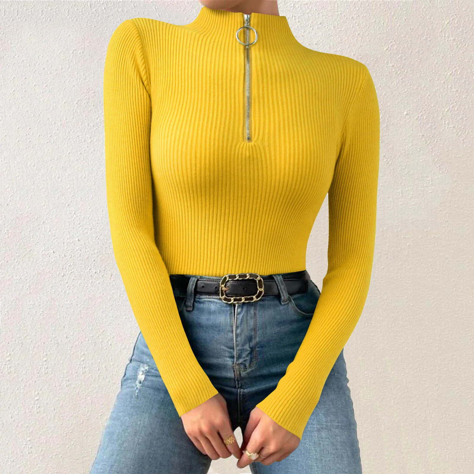 2023 Knitted Women Zipper High Neck Sweater Pullovers Turtleneck Autumn Winter Basic Women Sweaters Slim Fit Black Pull Femme