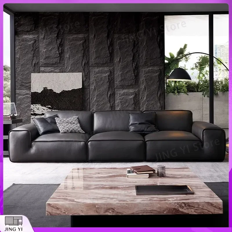 Big Black Cow Leather Sofa First Layer Genuine Leather Living Room Italian Minimalist High End Villa Black Leather Art Sofa