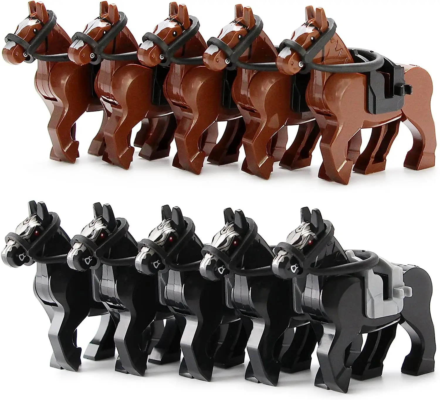 

10pcs Black And Brown War Horses Set Animals Building Block Toys Ranch Farm Medieval Knight Accessories Compatible Major Brand