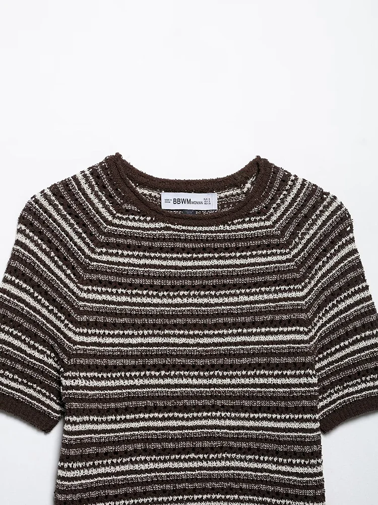 KUCLUT Women Fashion Striped Knitted Pullover Sweater Vintage O-Neck Short Sleeves Female Chic Lady Tops