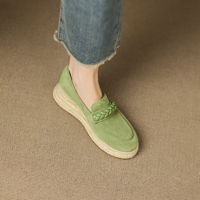 Fashion Loafers New Quality Real Leather Kid Suede Vintage Straw Braid Platform Espadrilles Shoes Lady Daily Casual Wedges Pumps