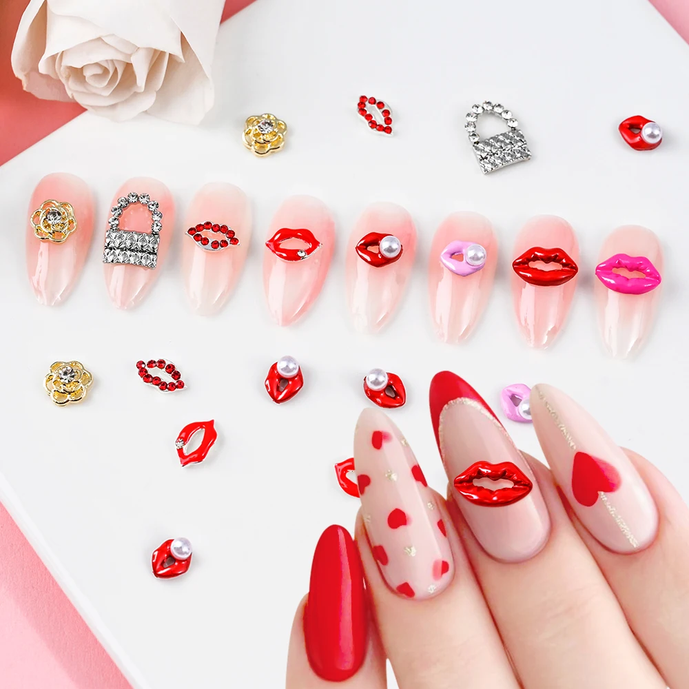 10 Stück Sexy Rote Lippen Aolly Nagel Charms Perle Strass Nail Art Edelsteine Valentinstag Maniküre DIY Zubehör Liebe Nagel Charms 10mm