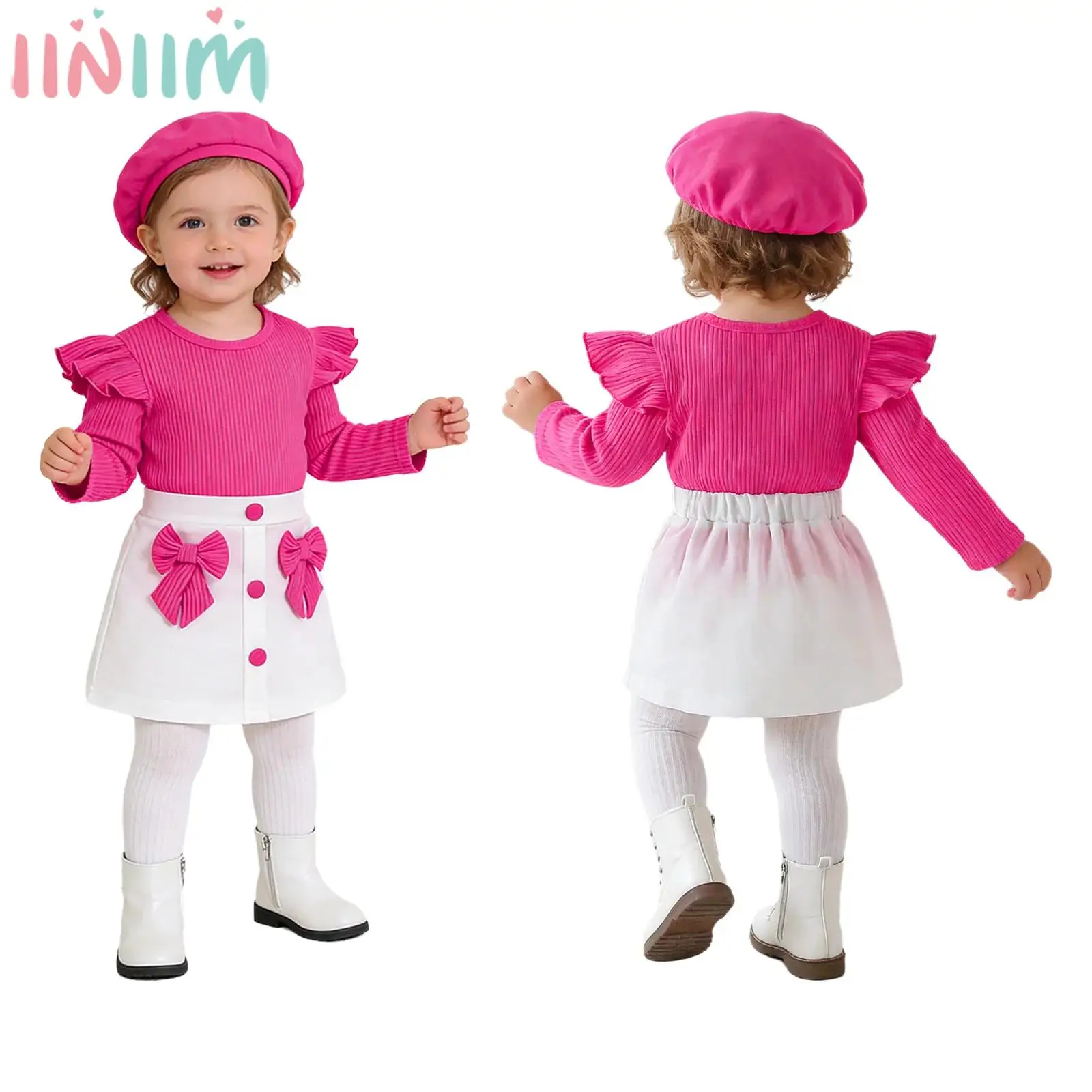 

Модная повседневная одежда для маленьких девочек, топ с длинными рукавами и ребристой текстурой, топ с длинными рукавами и юбкой, берет для дня рождения, свадьбы, фотосессии