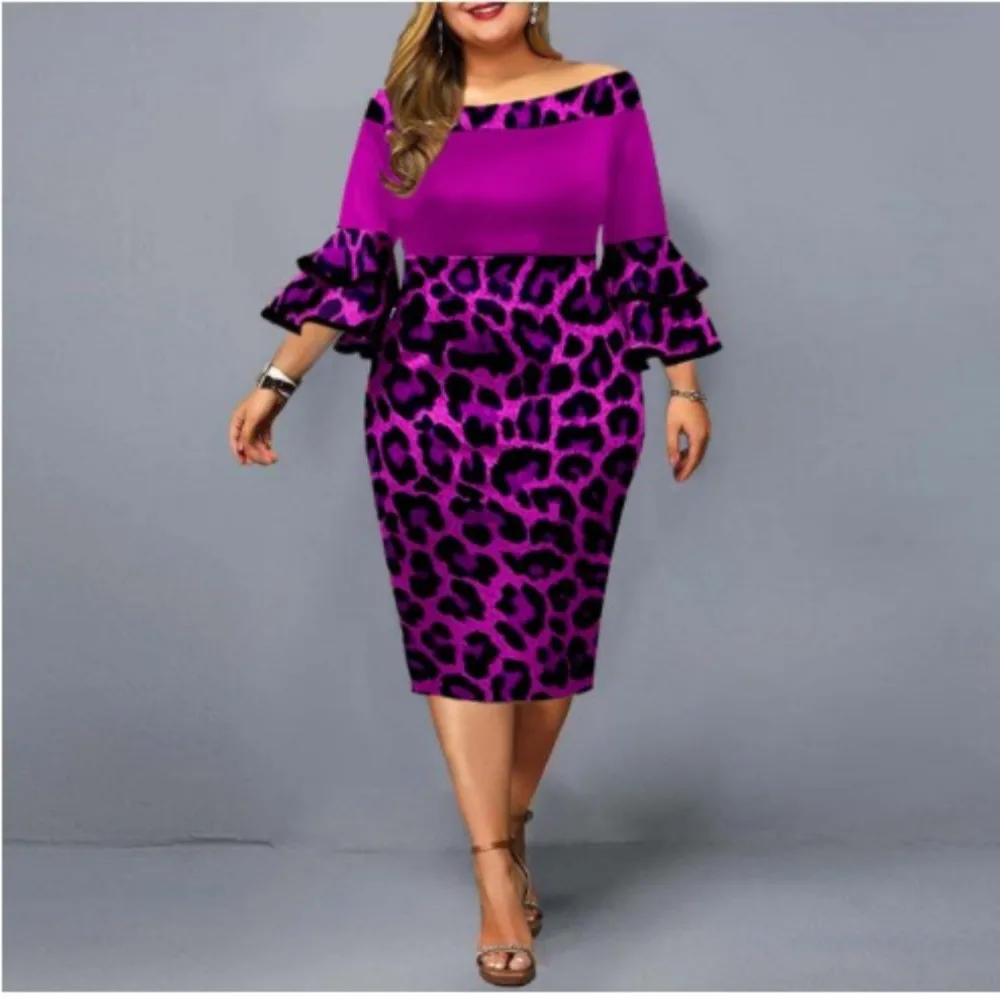 Plus Size Midi Dress for Women Elegant Print Party Dress 2024 Long Sleeve Dress