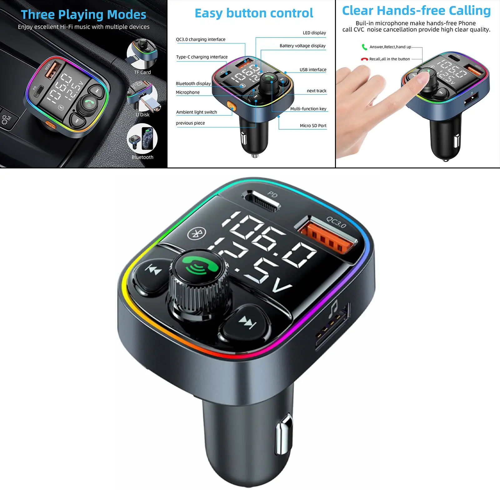 Car Bluetooth FM Transmitter Car Charger Fast for Old Type Auto Women