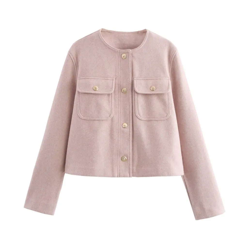 

Women's Temperament Crewneck Long Sleeve Pocket Jacket Coat SAWCross-border 8851170