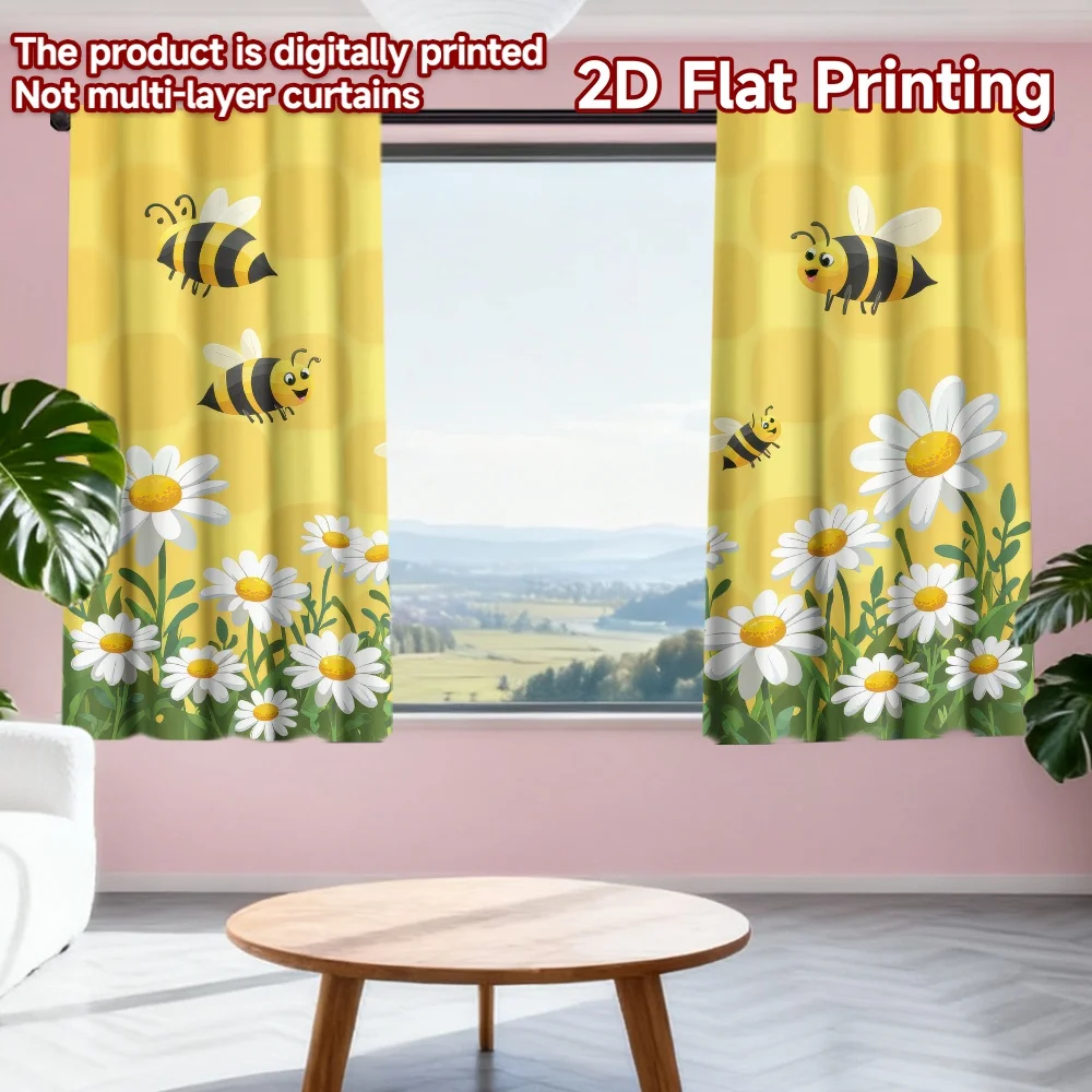 

2D flat printing 2pcs Window Drapes Spring Bees and Daisies Digital Printed Polyester Drapes Holiday Decorations Perfect for