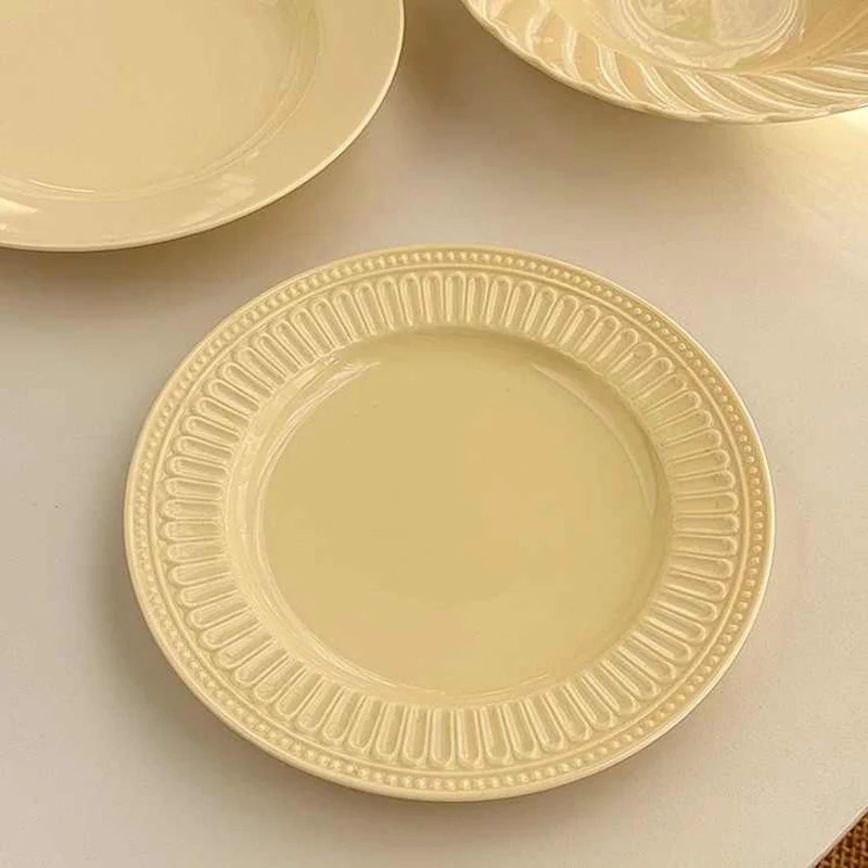 Cream Yellow Ceramic Dinner Disc Solid Color Afternoon Tea Dessert Tray Simple Pasta Straw Hat Plate Kitchen Supplies