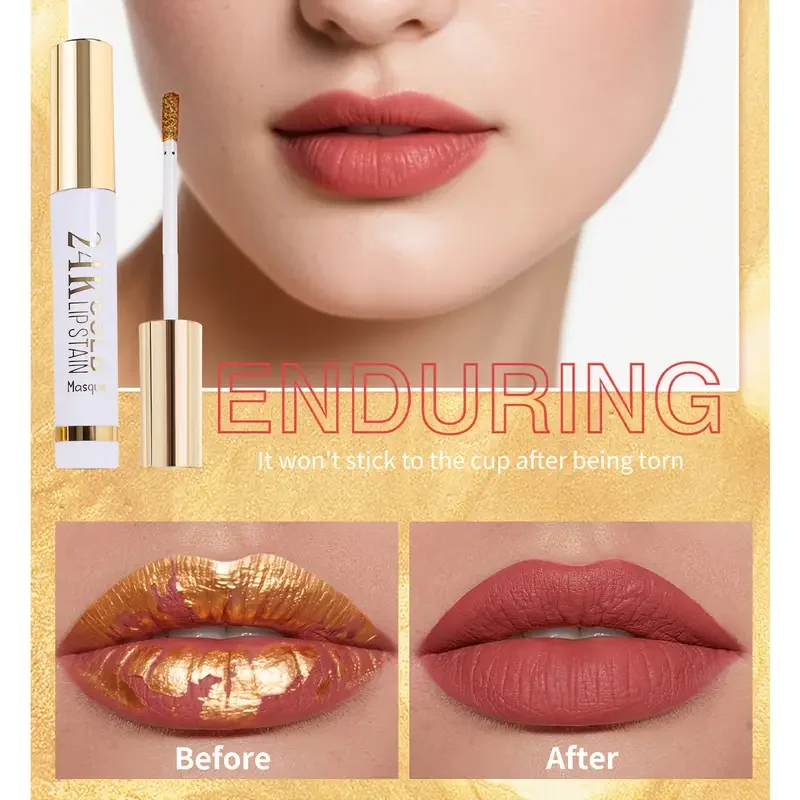 4 ألوان تقشر بقع الشفاه، قناع الشفاه الذهبي، وشم الشفاه المصطبغ للغاية، مقاوم للماء، يدوم طويلاً، بطانة الشفاه، لمسة نهائية غير لامعة #3