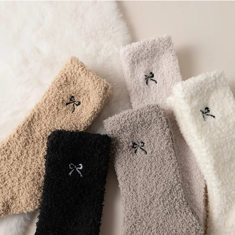 

5 Pairs Thick Fluffy Hot Socks Warm Fleece Sleeping Socks for Women Fall Winter Mid-Calf Floor Thermal Ankle Socks with Bow 2025
