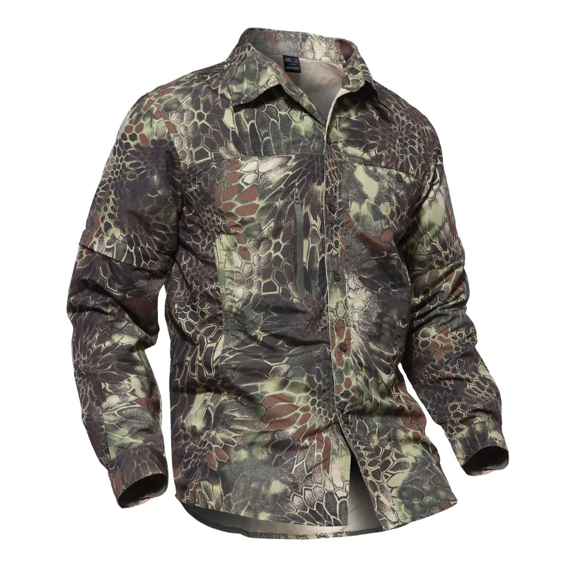 Outdoor Hiking Quick Drying Shirt Mens Thin Camouflage Tactical Combats Top Pockets Ventilation Casual Lapel Shirt High Quality