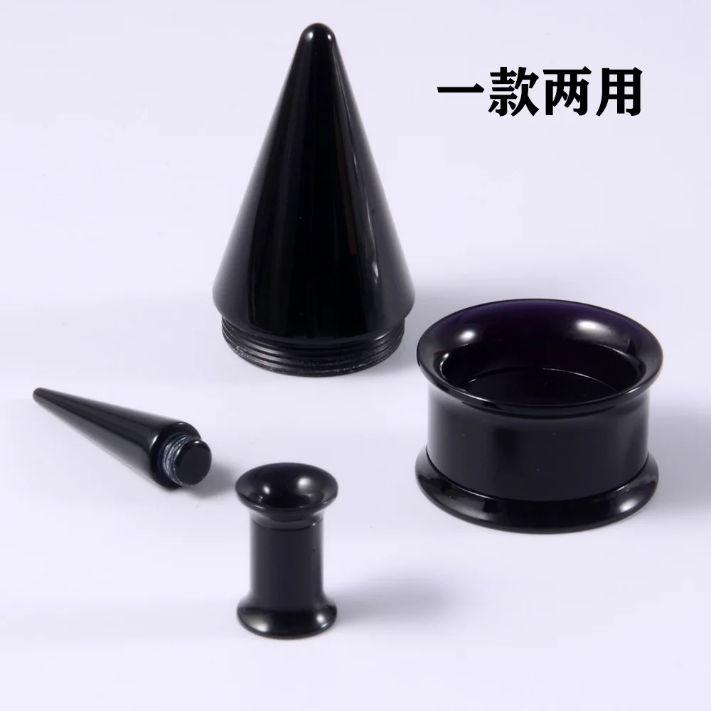 Black Acrylic Pointed Cone Auricle Stud Earrings 2-in-1 Set Piercing Ear Expansion Tool Double Horn Earring Dual-purpose 3-16mm