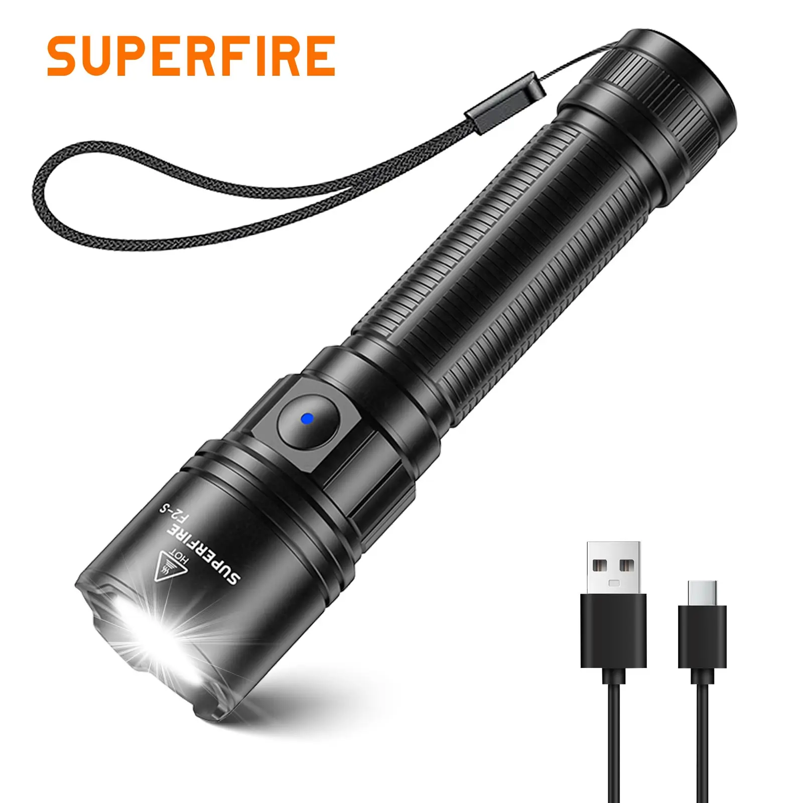 

New SUPERFIRE F2-S 15W Powerful LED Flashlight Rechargeable Zoom Portable Torch 18650 For Camping Fishing Emergency Lantern