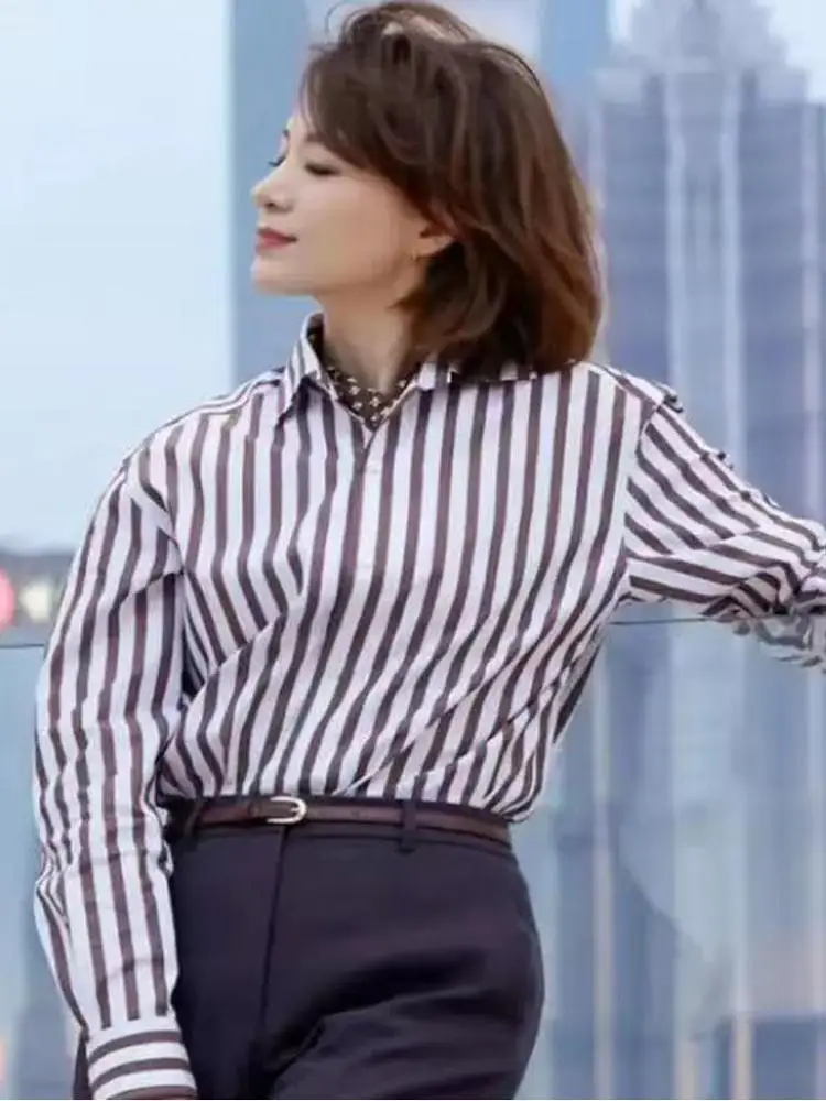 

Loose Women's Striped irt Long Sve arp Collar Spring Autumn New Sle Faionable Inner Design Profional Cotton Blouse