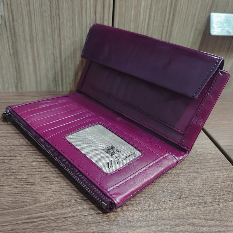 Vintage Waxed Genuine Cow Leather Flap Long Wallet Multi-functional Cowhide Clutch Purses Women Card Holder Coin Purse Wallets