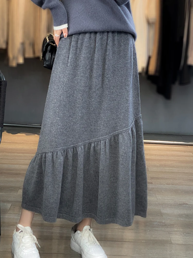 100% Wool Fishtail Skirt Ladies New Autumn Long Skirt Fashion All-match Knitted Pleated Skirts Elastic High Fanny Pack Hip Skirt