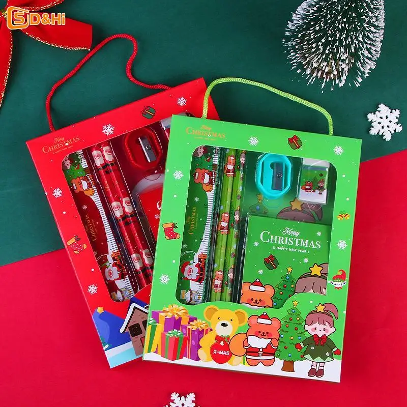 6Pcs/set Christmas Series Kids Stationery Students Ruler Pencil Eraser Pencil Sharpener Notepad Kit School Rewards Supplies