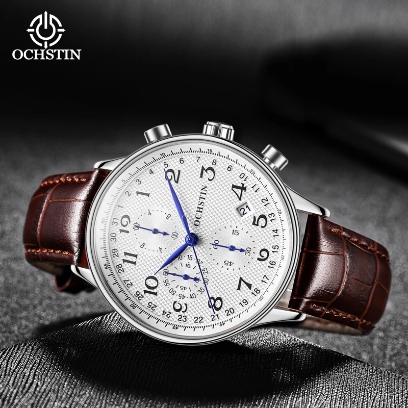 

OCHSTIN Brand Male Dress Watch Analogue Quartz Chronograph Auto Date 40mm Business Sports Wristwatch Leather Strap Gift for Men