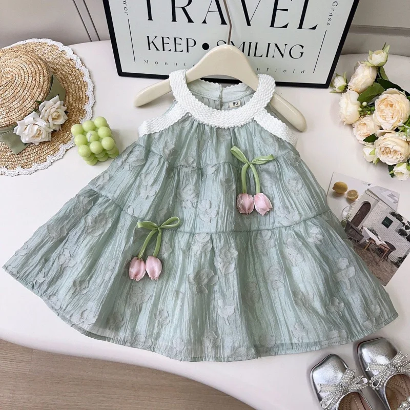 

Girls' Dress2025Summer New Sleeveless Jacquard Vest Dress Little Girl Floral Vacation Princess Dress Wholesale
