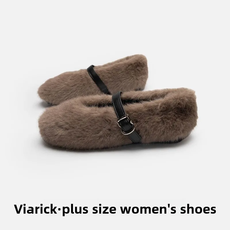 

Large Size Women's oes Fur Lined Flat Bot Slip-On Winter Boots Leopard Print Cotton Outerwear Casual round Toe Flats