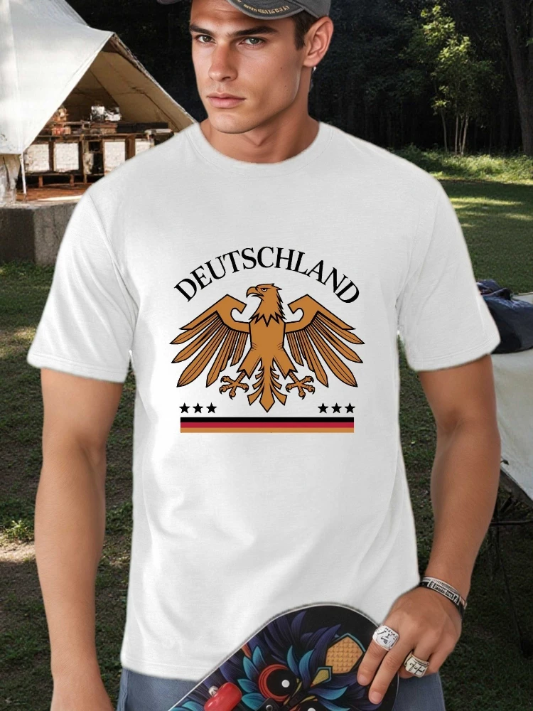 Germany Eagle&Deutschland Lettering German Flag Colors design-100% cotton round neck short sleeve printed men's T-shirt.