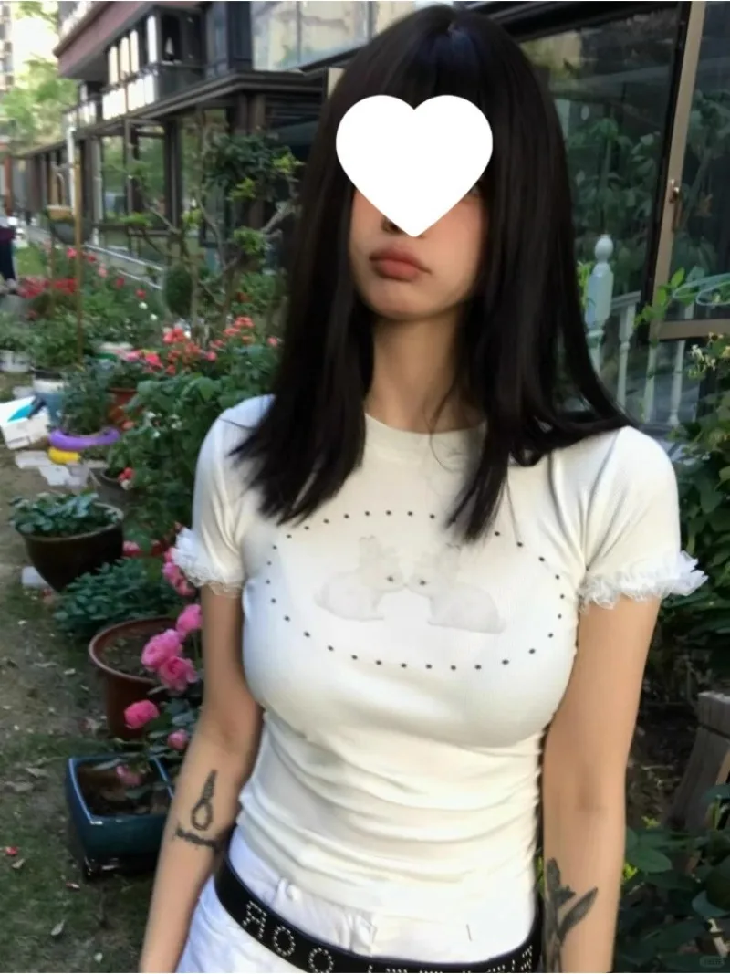 

Foufurieux Korean Fashion Polka Dot Rabbit Print Top Slim Fit Round Neck Short Sleeved Casual T-shirt Male Clothing