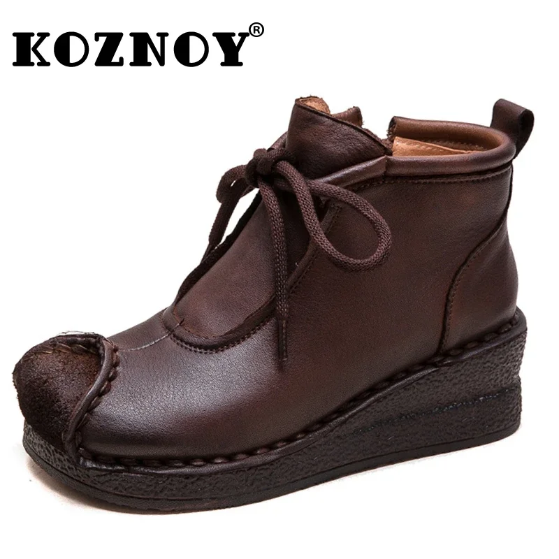 

Koznoy 5.5cm Cow Genuine Leather Chimney Ladies Ankle Booties Autumn Fashion Women Spring Boots ZIP Moccasins Motorcycle Shoes