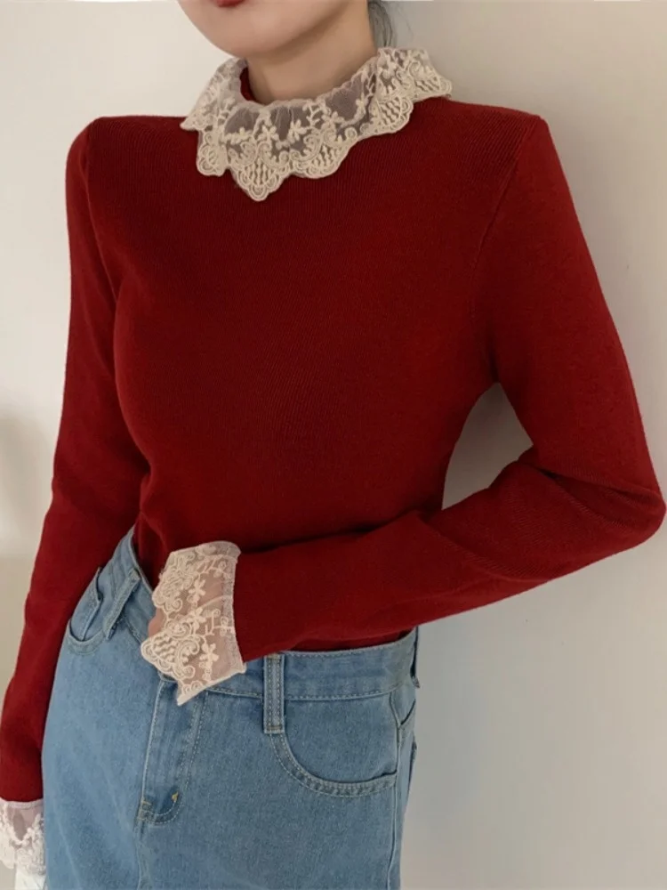 

Ele Lace Splice Knitted Long Sve Base irt Женский ранний весенний облегающий теплый топ Faion Корейская уличная одежда