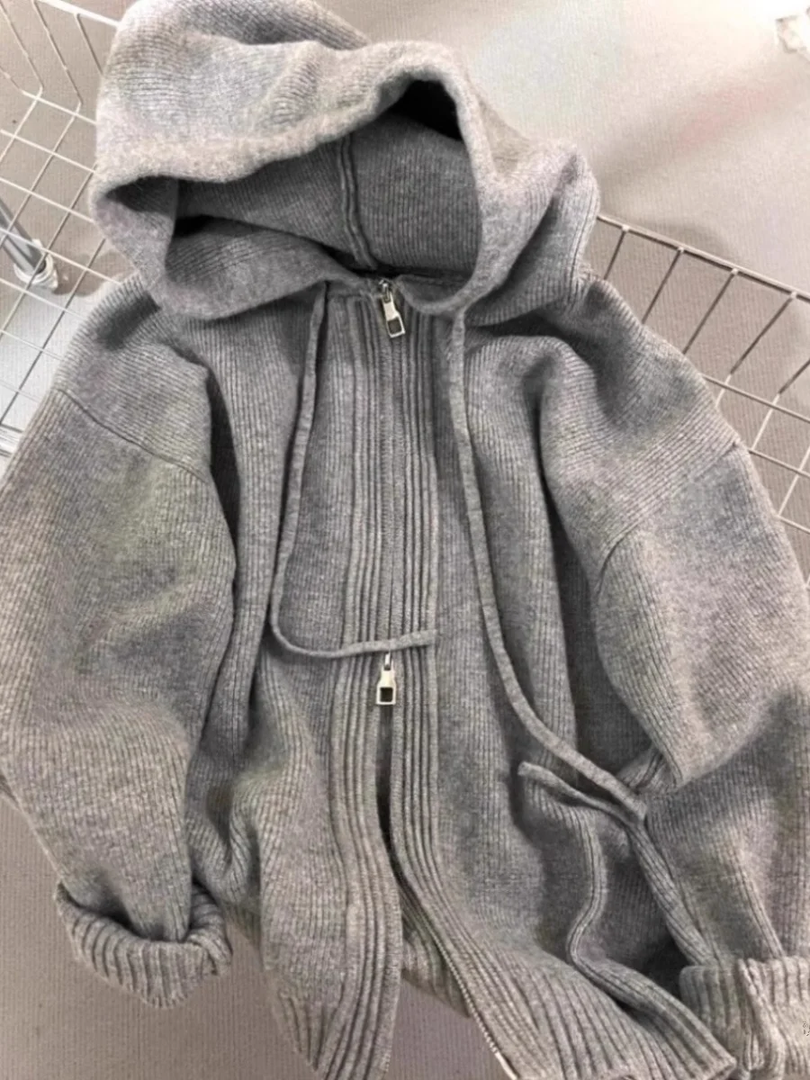 

ay Hooded Knit Sweater Jaet Women's Loose Spring Autumn Winter Outerwear Lazy Sle Thiened Double Zipper Sweatirt Ca...