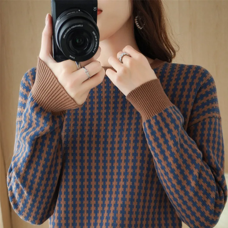 Sweater Women Soft And Comfortable Thousand Bird Plaid Sweater Women's Autumn Winter Thick Cashmere Sweater Pullovers Loose Tops