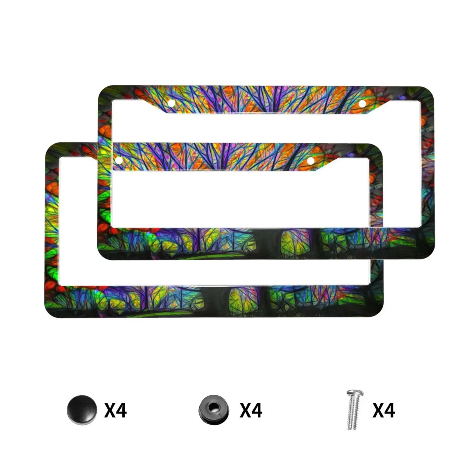 Colorful Tree Branches Pattern American Standard Aluminum Alloy Car License Plate Cover Car Accessories Waterproof License Plate