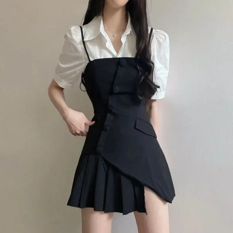 Korean Academy Shirt Irregular Suspended Dress Two Piece Set Women Fashion Sweet Temperament Solid Waist Slim Summer Female Wear