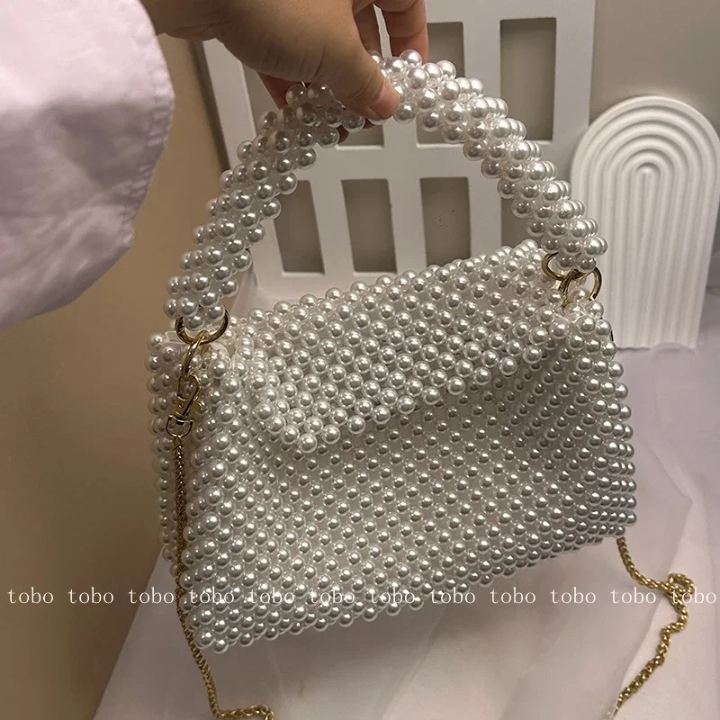 Retro Inner Gorgeous Golden Chain Crossbody Bags Ins Superlatives Pearl Bead Wallets for Women Hollow Out Totes Bag