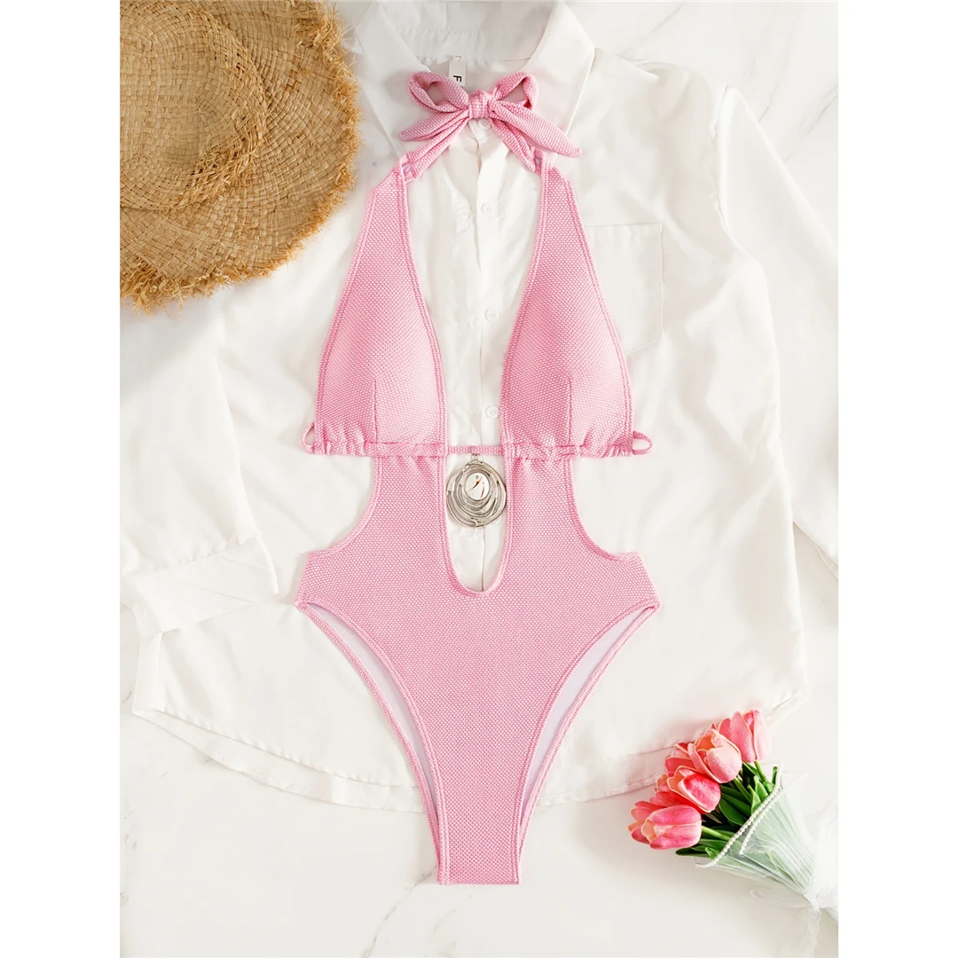 2026 Halter-Badeanzug mit tiefem V-Ausschnitt und Metallring für Damen, einteiliger Badeanzug, Monokini, hoch geschnittene Beine, Badebekleidung, Badeanzug V7852 – Detail 5