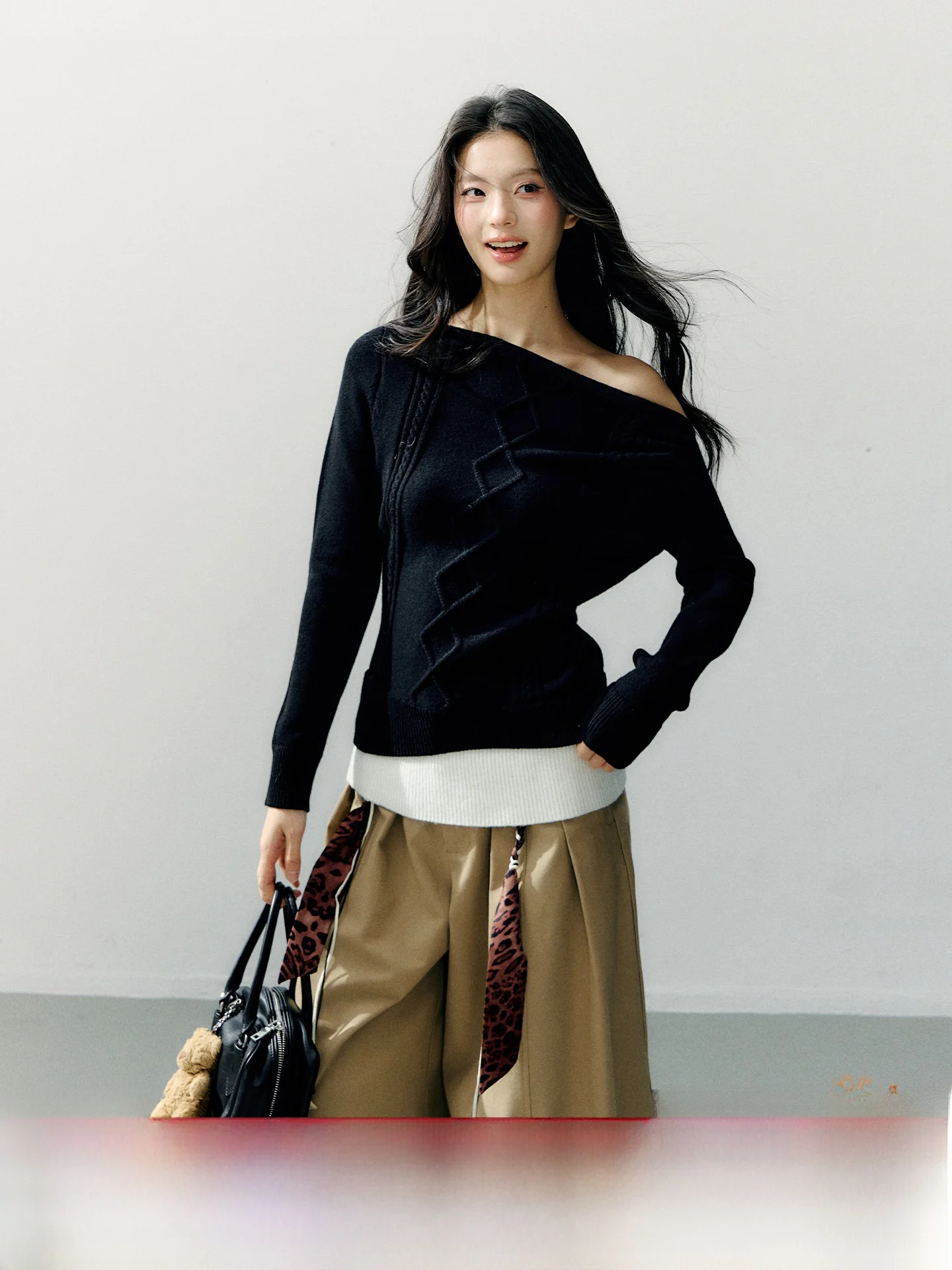 

7iftin Original Early Spring Slimming Bla oulder Asymmetrical Sweater Women's Versatile Commute Base irt Two-Piece