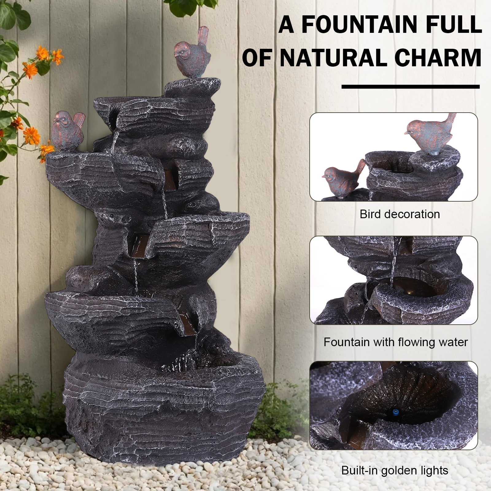 27 Inch 5-Tier Outdoor Fountains and Waterfalls Relaxing Stone Waterfall for Garden Patio Backyard Porch and Home Art Decor