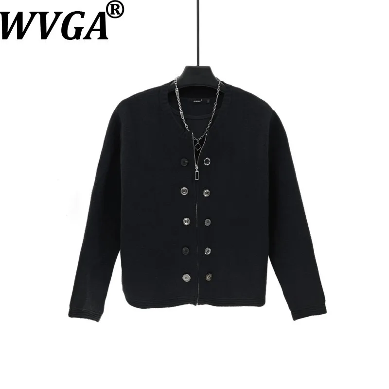 

WVGA Autumn Winter New Men Tide Button Knit Sweater Solid Color O-Neck High-end Oversized Niche Chic Casual Short Jackets W16141