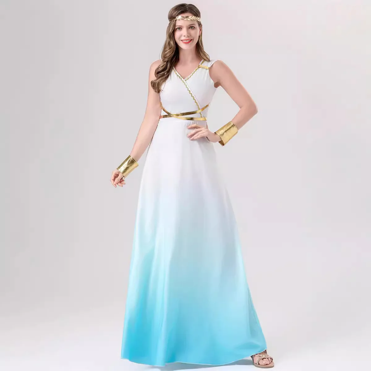 Egyptian queen costume with long skirt for Halloween; Greek goddess of freedom stage performance outfit view 2