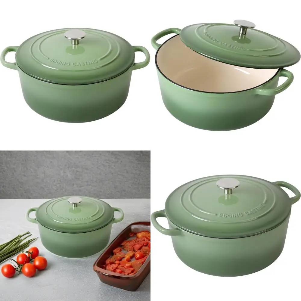 

7-литровая фисташково-зеленая чугунная голландская кастрюля с крышкой для выпечки хлеба, двойная ручка, идеально подходит для приготовления пищи и выпечки, эмаль Co