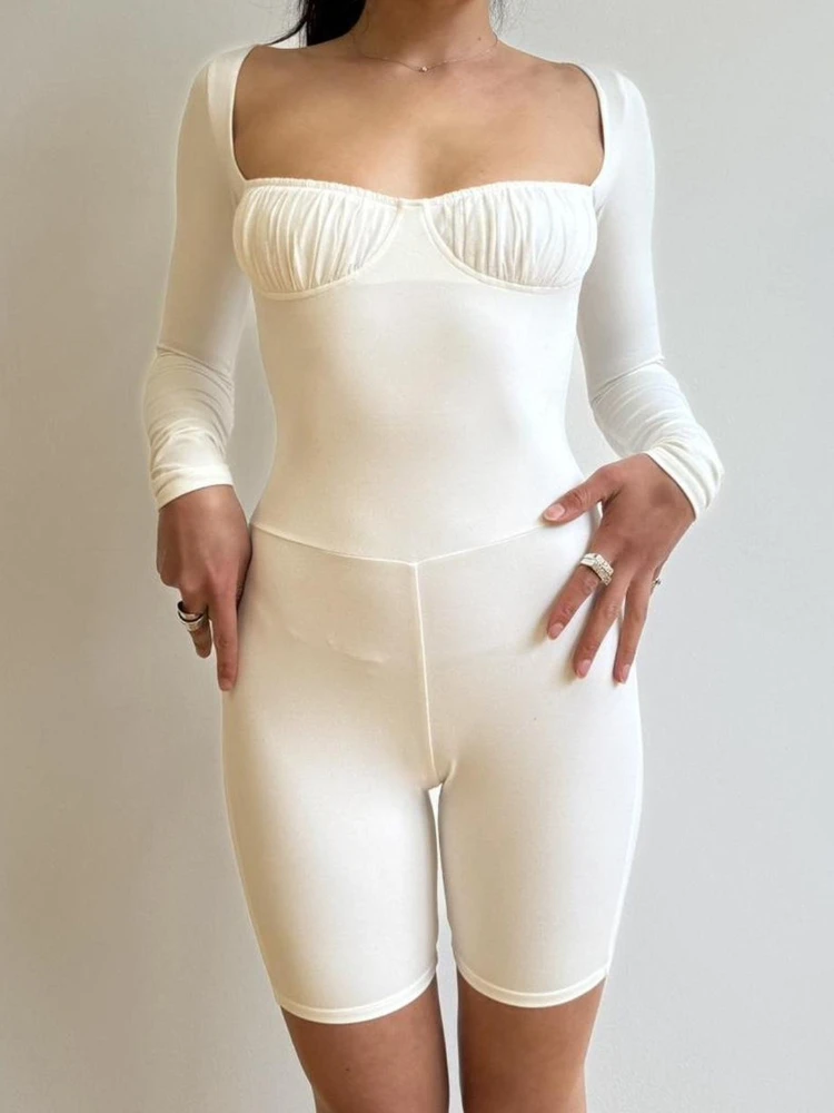 

SsTss Casual White Square Neck Long Sleeve Playsuits for Women Fashion Ruched Stretch Slim Fit One Piece Sports Yoga Jumpsuits