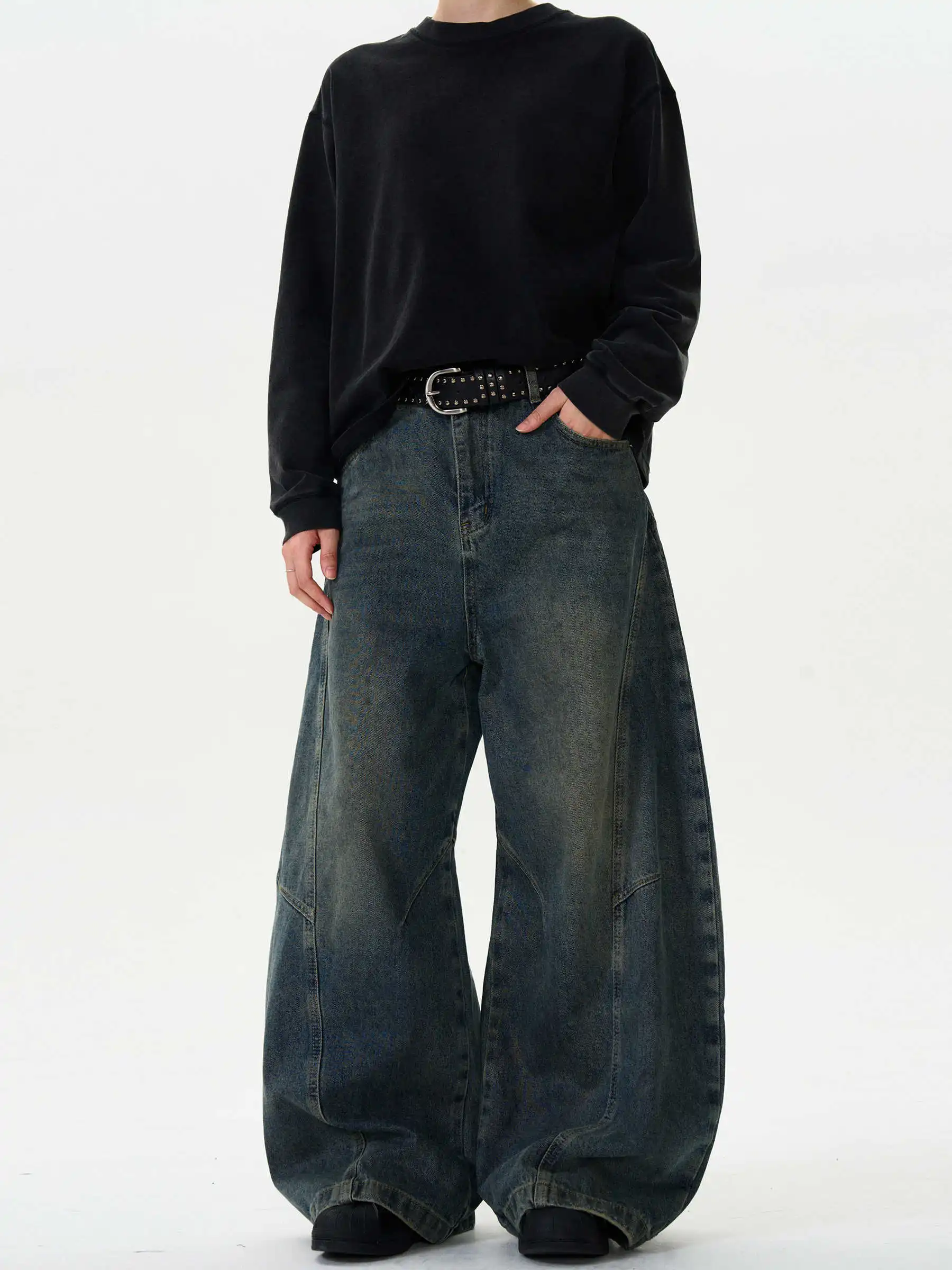 

Women's Dark Blue Jeans Baggy Harajuku Loose Wide Leg Autumn Boyfriend Street Fashion Retro Straight Loose Denim Trousers ﻿