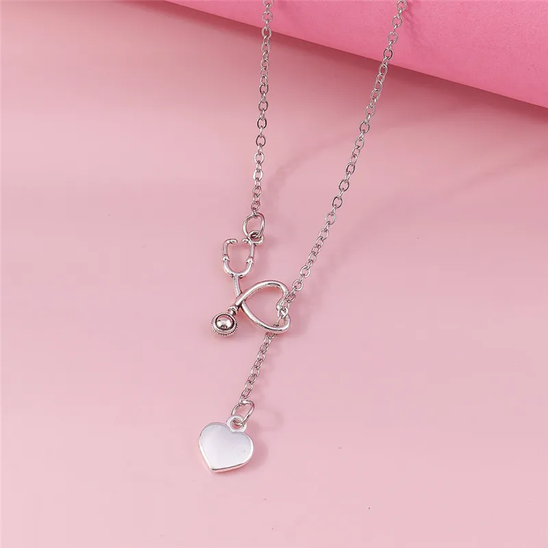 Aihua Trendy New Fashion Stethoscope Necklace Lariat Heart Pendant Silver Color Nurse Medical Necklace Collares