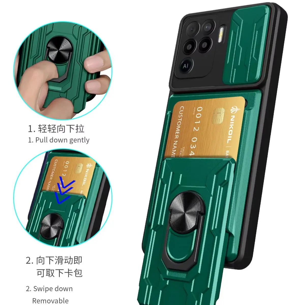 Hülle für OPPO A94 4G, OPPO F19 Pro, Reno5 Lite, robuste Panzerhülle mit magnetischer Halterung, Kartenfach und Kameraschutz.