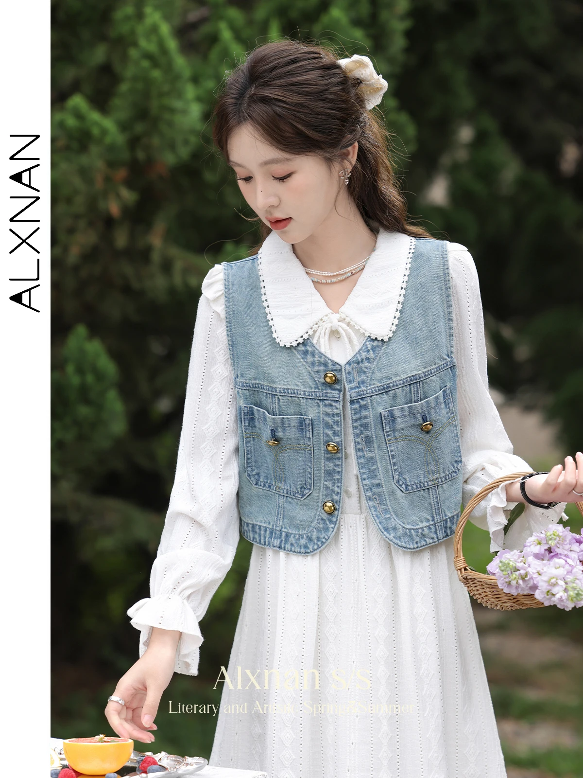 ALXNAN Women Elegant Chic White Dress 2024 Spring Frenchy Double Layer Hem Tie Front Long Sleeve Midi Dresses Clothing L33517