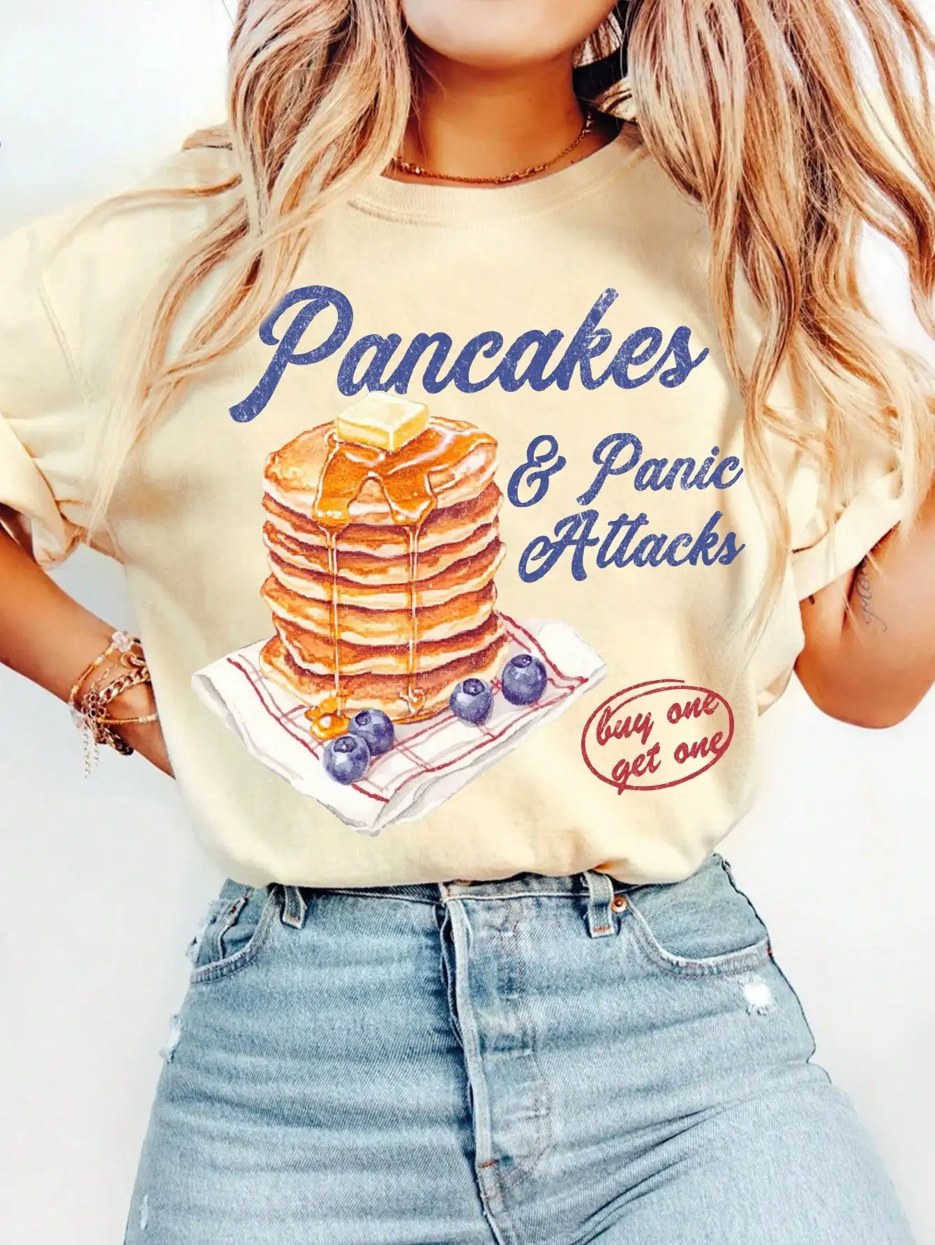 

Pancakes & Panic Attacks Graphic Tee - Funny Vintage Print Women's Round Neck T-Shirt